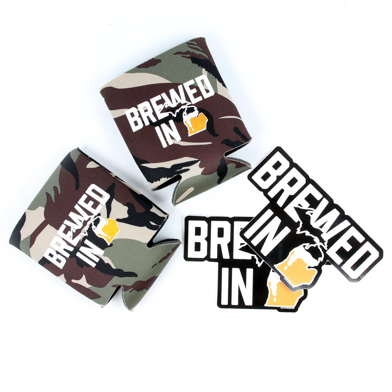 Brewed in Michigan Sticker and Can Hugger Bundle (Camo)